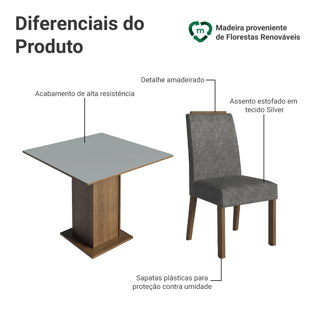 Conjunto Sala de Jantar Tampo de Madeira 4 Cadeiras Rustic/Cinza/Silver Aspen Madesa