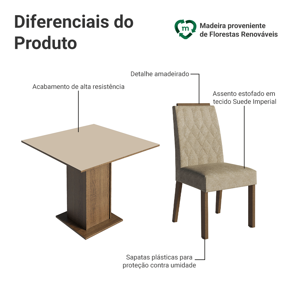 Conjunto Sala de Jantar Tampo de Madeira 4 Cadeiras Rustic/Crema/Imperial Cannes Madesa