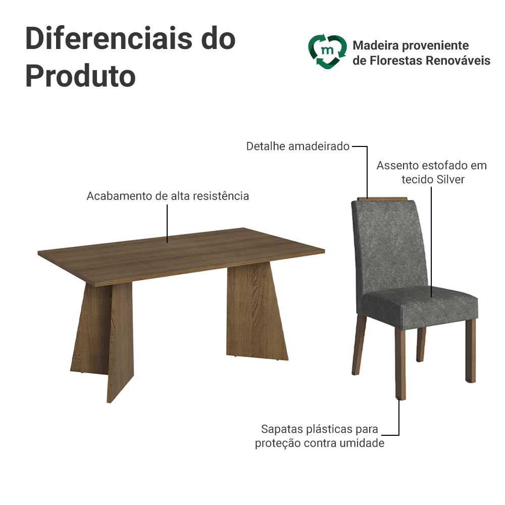 Conjunto Sala de Jantar Tampo de Madeira 4 Cadeiras Rustic/Silver Évora Madesa