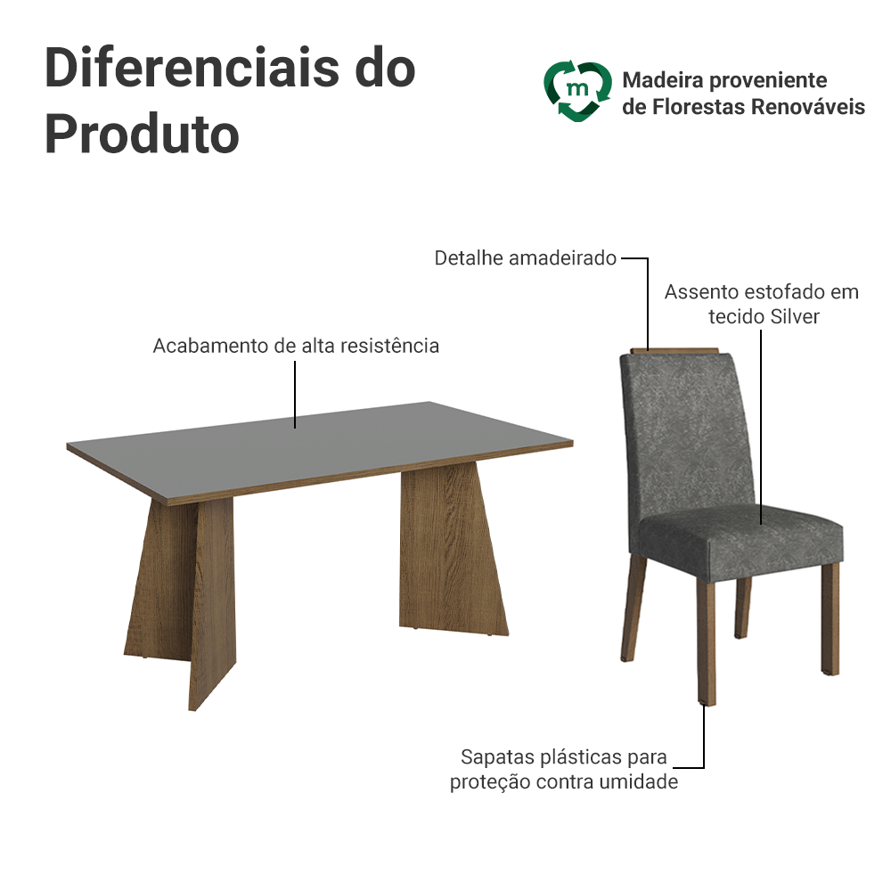 Conjunto Sala de Jantar Tampo de Madeira 4 Cadeiras Rustic/Cinza/Silver Évora Madesa