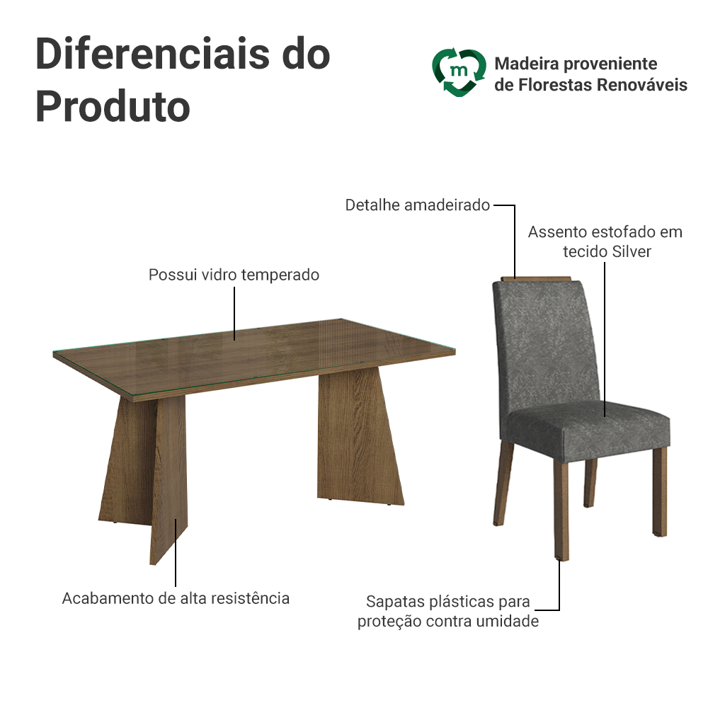 Conjunto Sala de Jantar Tampo de Vidro 4 Cadeiras Rustic/Silver Braga Madesa