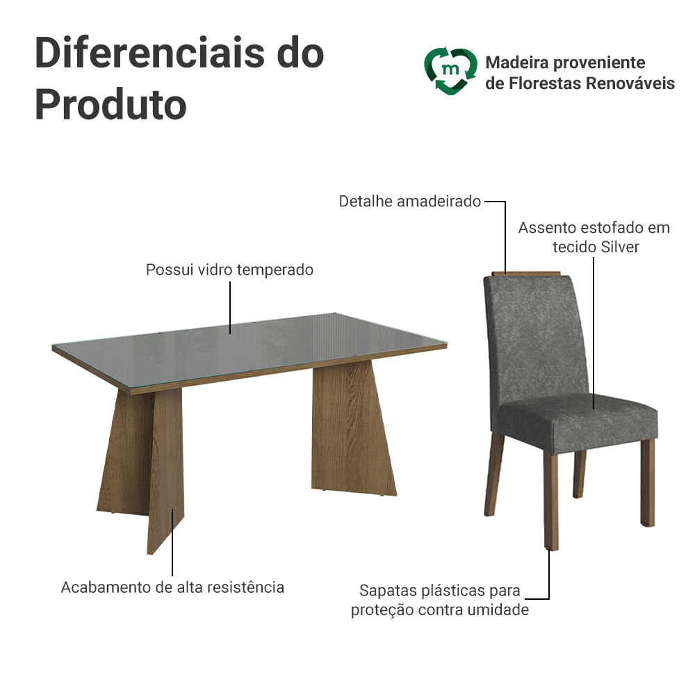 Conjunto Sala de Jantar Tampo de Vidro 4 Cadeiras Rustic/Cinza/Silver Braga Madesa