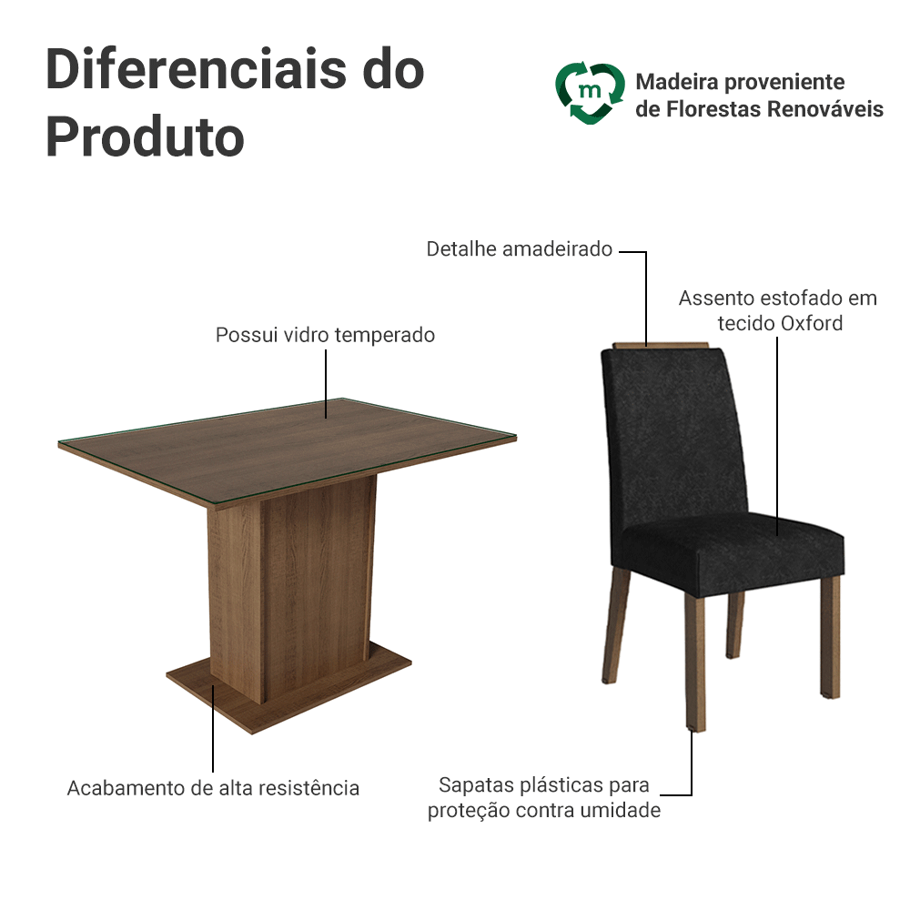 Conjunto Sala de Jantar Tampo de Vidro 4 Cadeiras Rustic/Oxford Jasmin Madesa