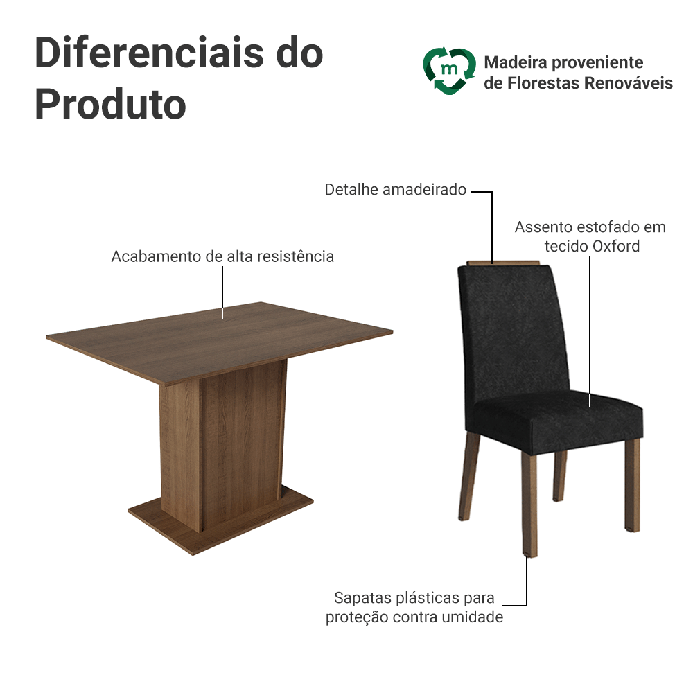 Conjunto Sala de Jantar Tampo de Madeira 4 Cadeiras Rustic/Oxford Acácia Madesa