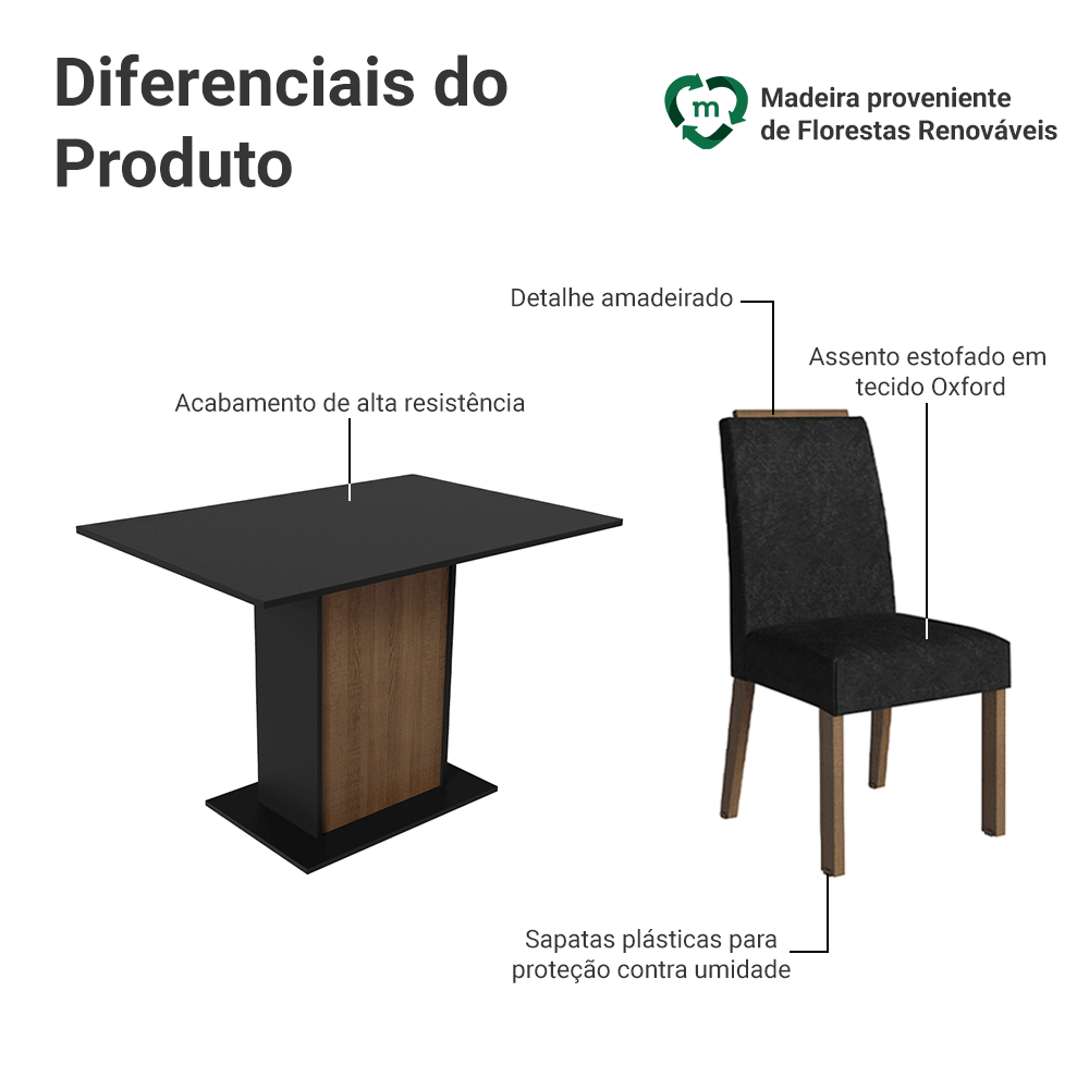 Conjunto Sala de Jantar Tampo de Madeira 4 Cadeiras Rustic/Preto/Oxford Acácia Madesa