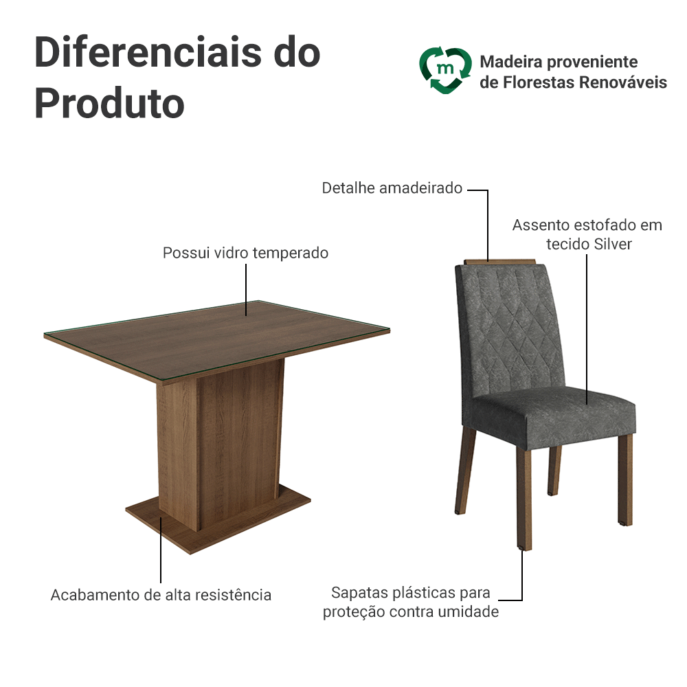 Conjunto Sala de Jantar Tampo de Vidro 4 Cadeiras Rustic/Silver Pitanga Madesa