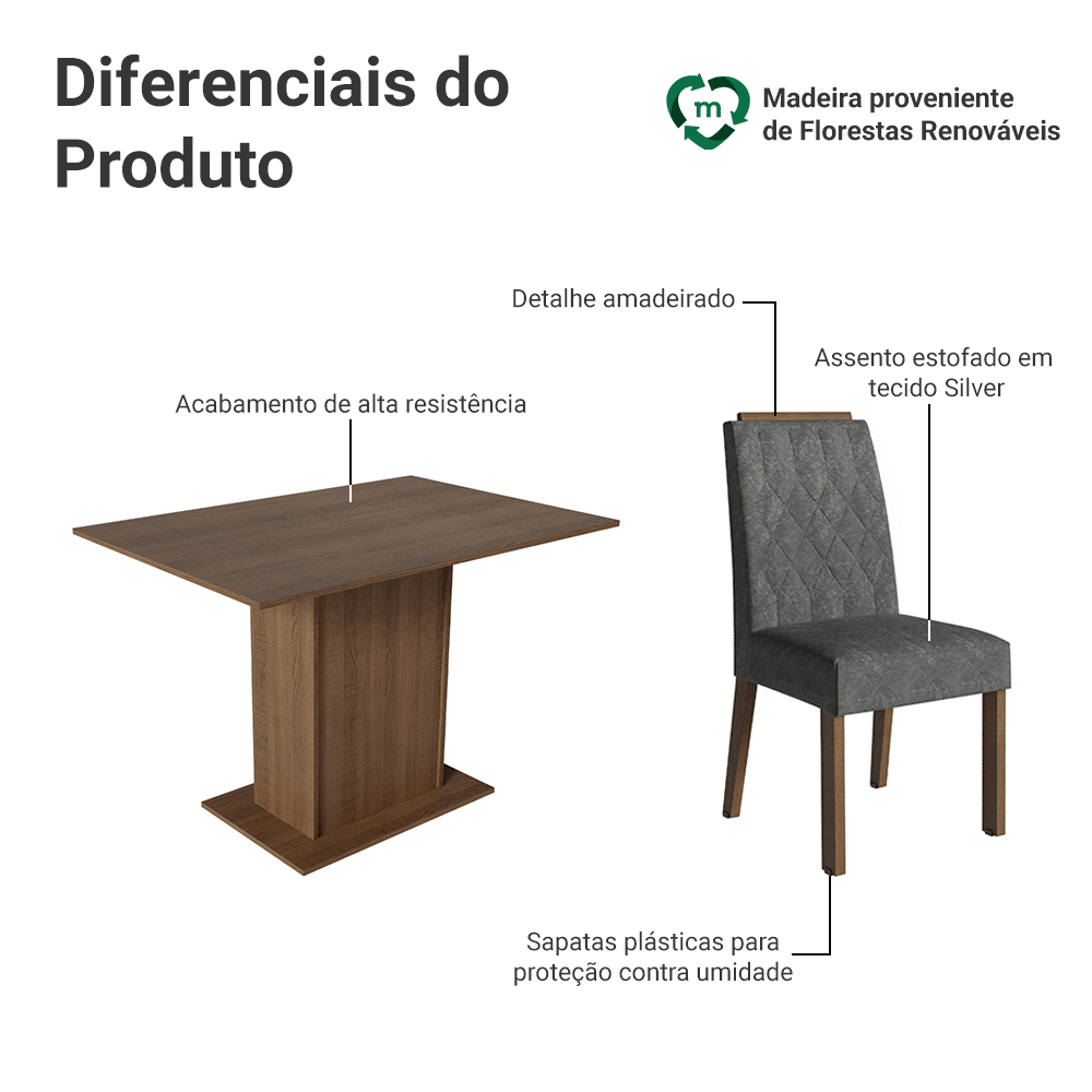 Conjunto Sala de Jantar Tampo de Madeira 4 Cadeiras Rustic/Silver Romã Madesa