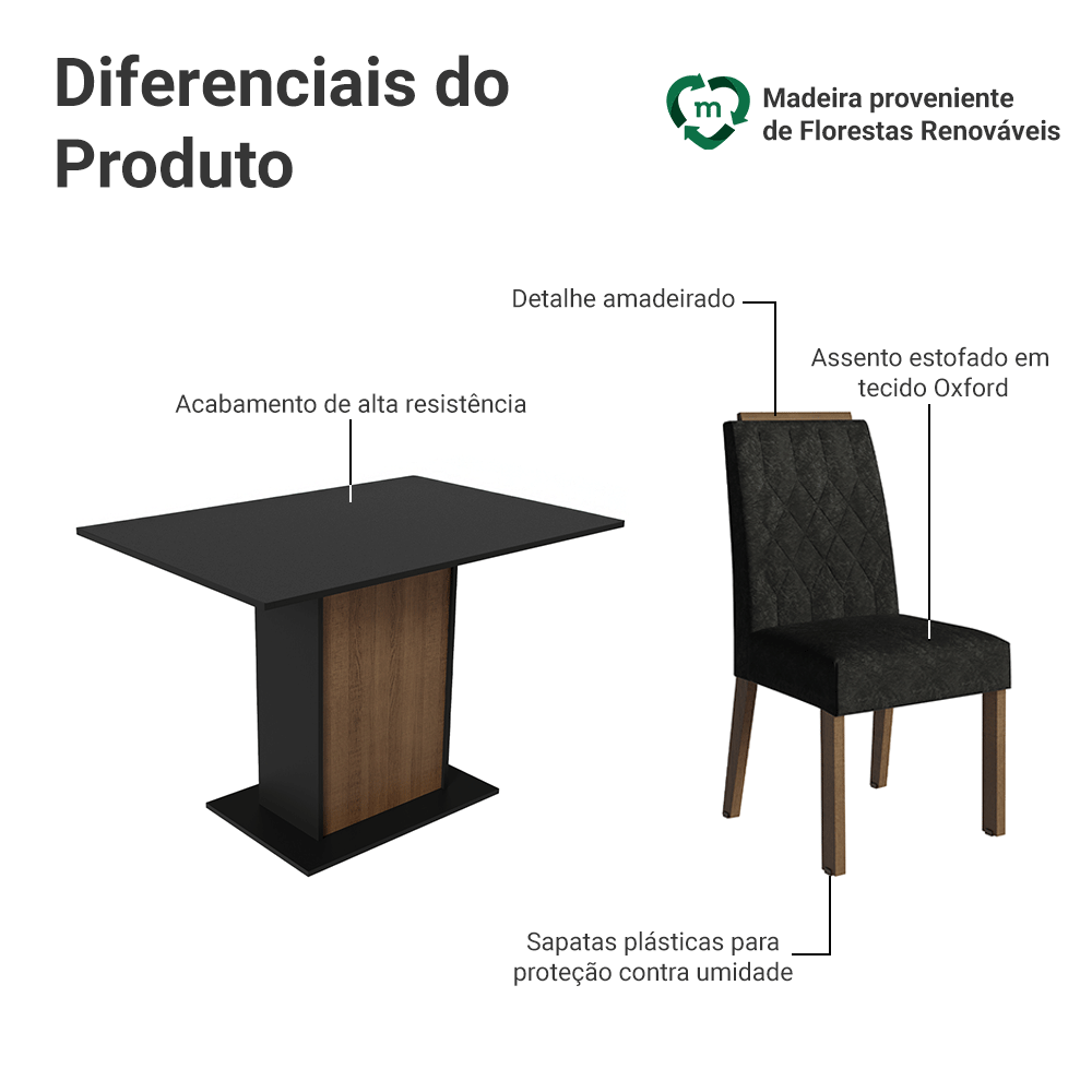 Conjunto Sala de Jantar Tampo de Madeira 4 Cadeiras Rustic/Preto/Oxford Romã Madesa