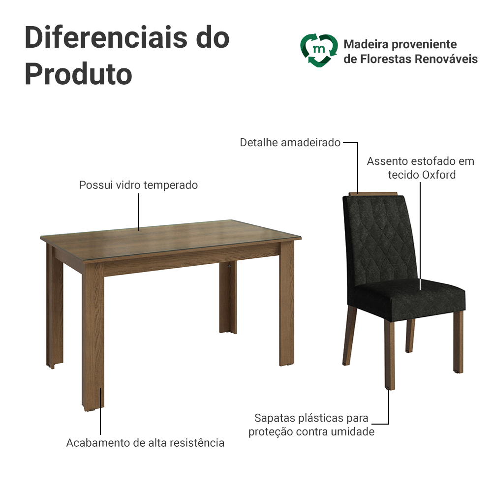 Conjunto Sala de Jantar Tampo de Vidro 4 Cadeiras Rustic/Oxford Pétala Madesa