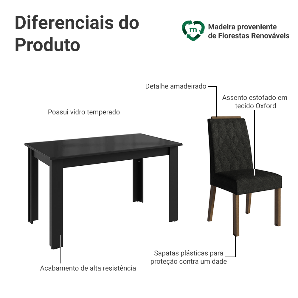 Conjunto Sala de Jantar Tampo de Vidro 4 Cadeiras Rustic/Preto/Oxford Pétala Madesa