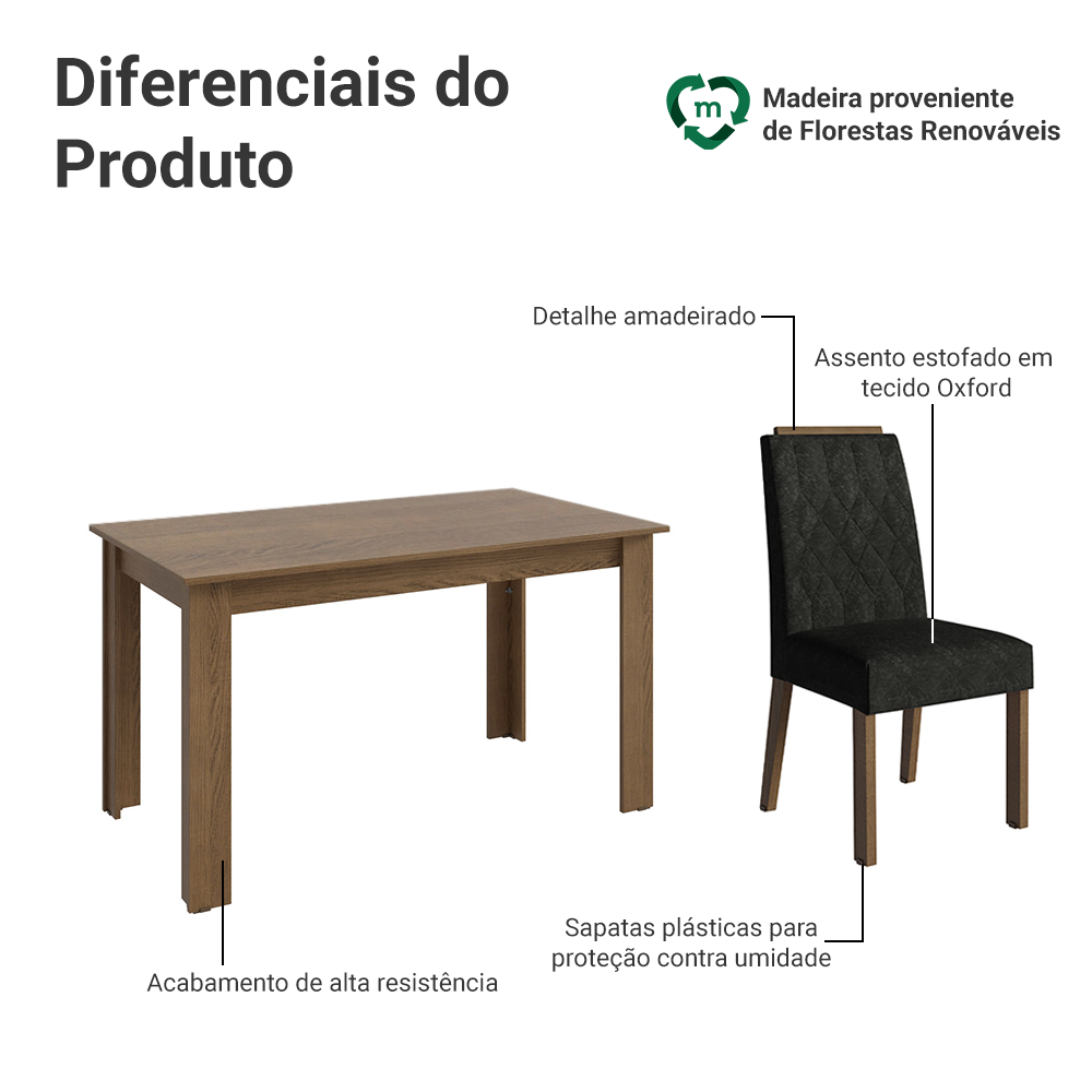 Conjunto Sala de Jantar Tampo de Madeira 4 Cadeiras Rustic/Oxford Hera Madesa