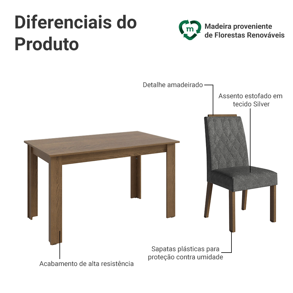 Conjunto Sala de Jantar Tampo de Madeira 4 Cadeiras Rustic/Silver Hera Madesa