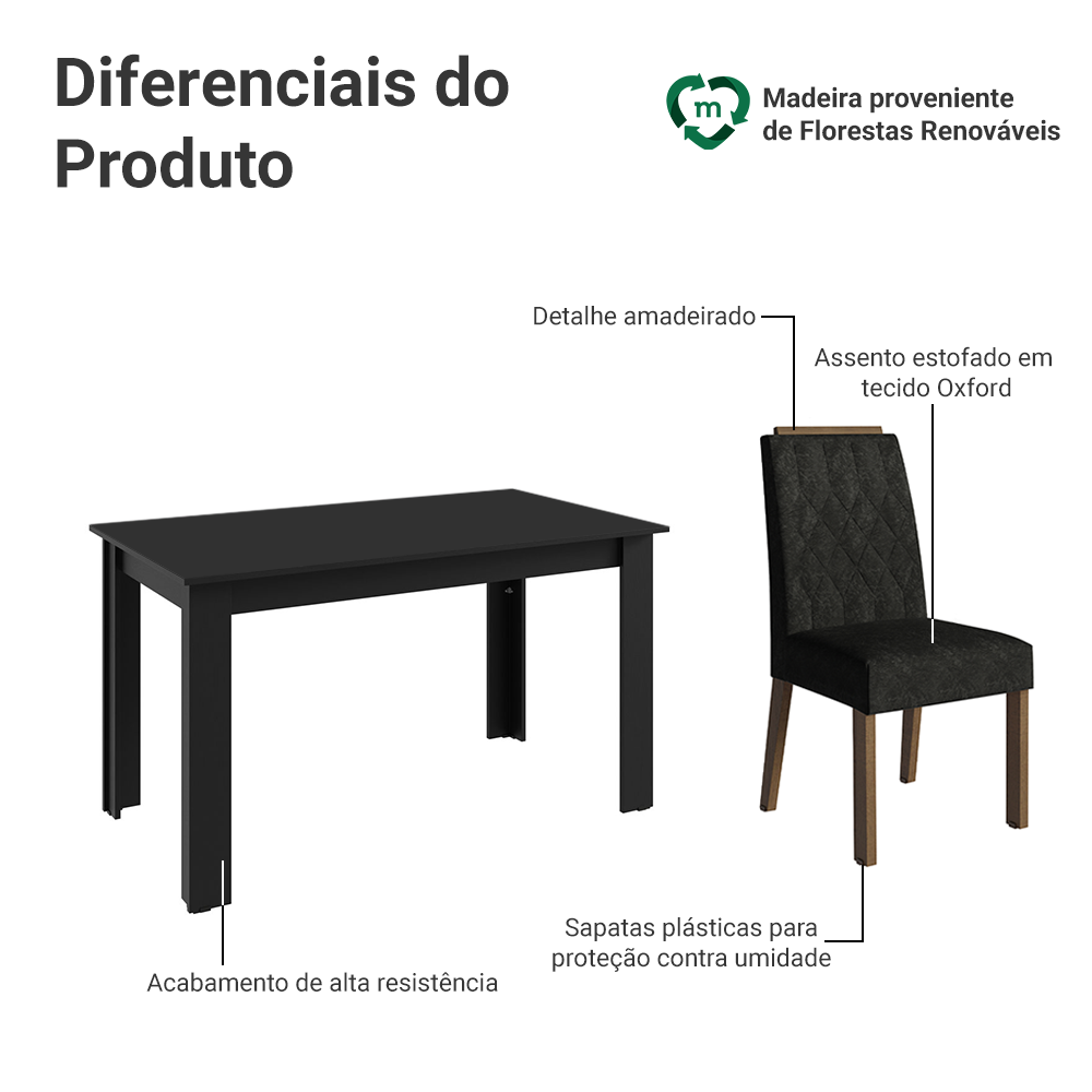 Conjunto Sala de Jantar Tampo de Madeira 4 Cadeiras Rustic/Preto/Oxford Hera Madesa