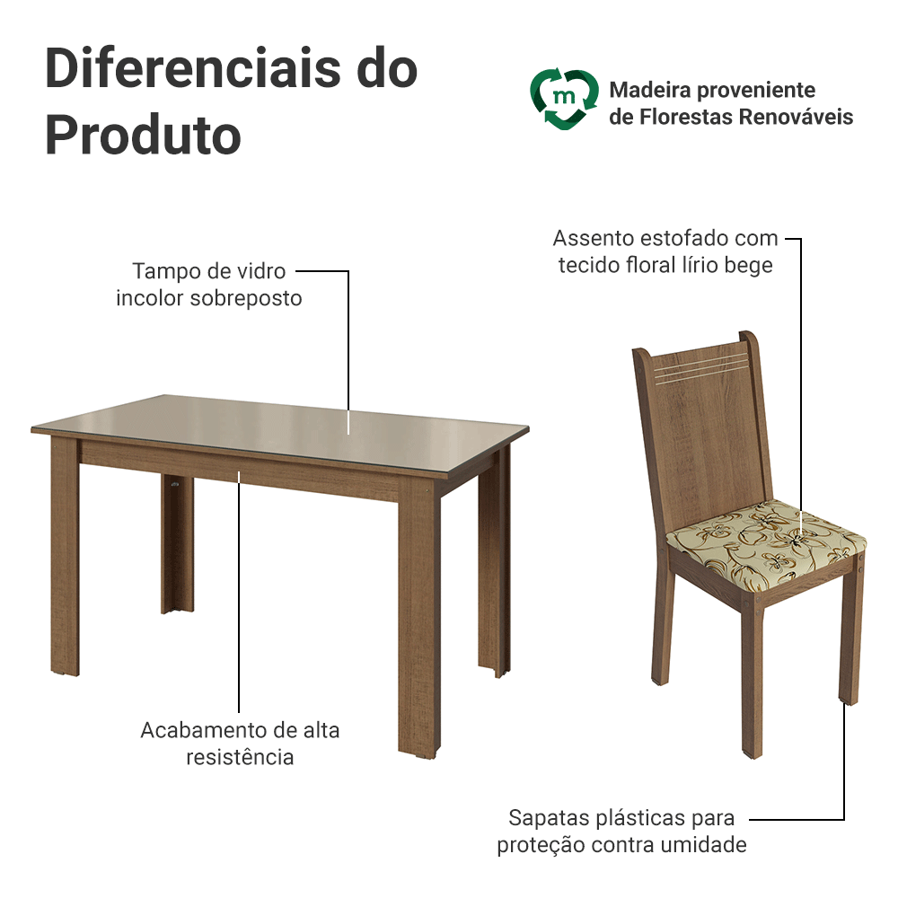 Conjunto Sala de Jantar Avelã Mesa Tampo de Vidro 4 Cadeiras Rustic/Crema/Lírio Bege Madesa