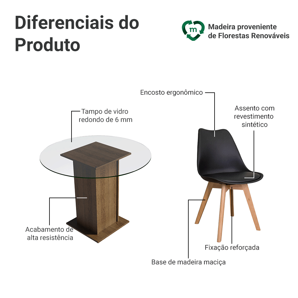 Conjunto Sala de Jantar Denali Mesa Tampo de Vidro 4 Cadeiras Rustic/Preto Madesa