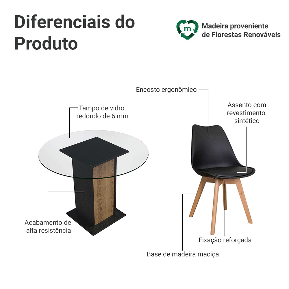 Conjunto Sala de Jantar Denali Mesa Tampo de Vidro 4 Cadeiras Preto/Rustic/Preto Madesa