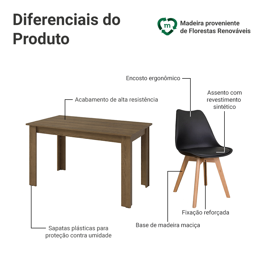 Conjunto Sala de Jantar Garda Mesa Tampo de Madeira 4 Cadeiras Rustic/Preto Madesa