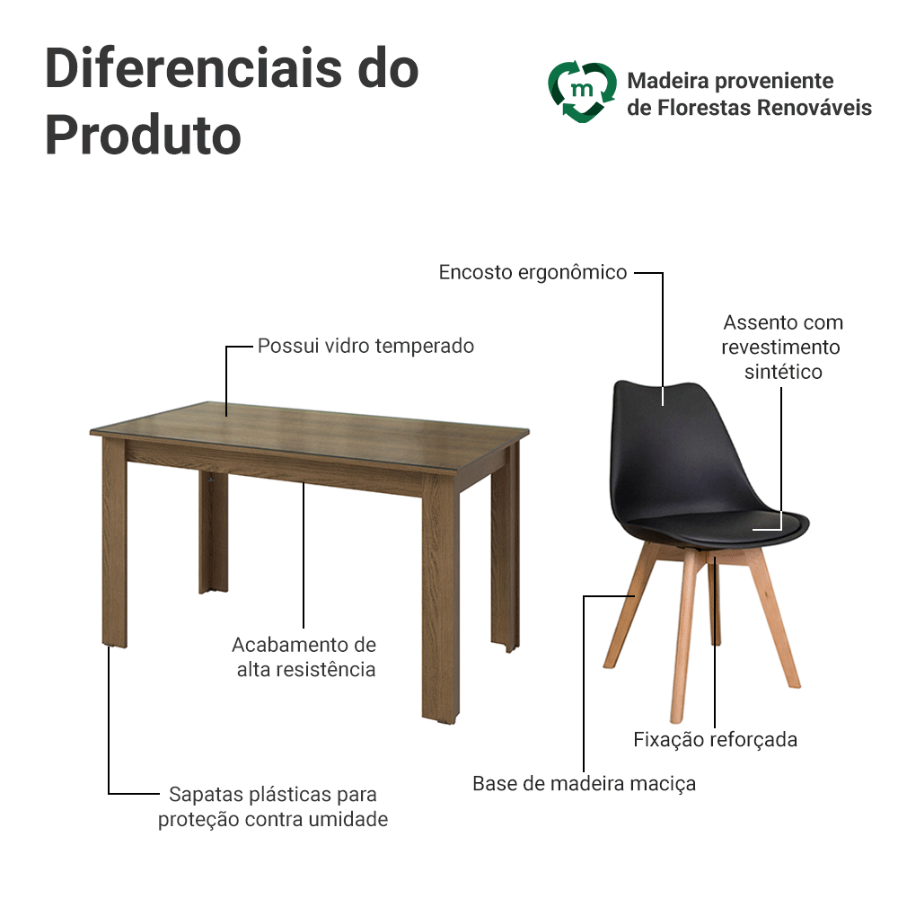 Conjunto Sala de Jantar Toscana Mesa Tampo de Vidro 4 Cadeiras Rustic/Preto Madesa