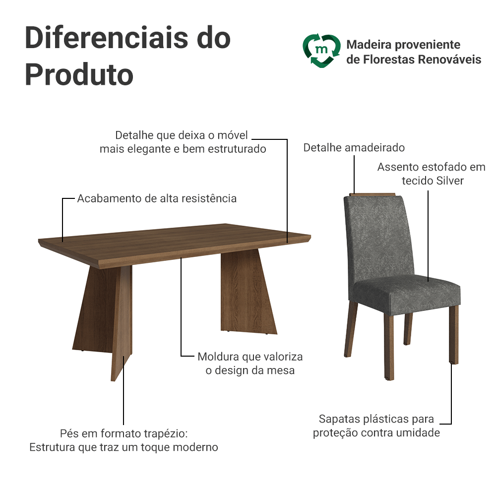 Conjunto Sala de Jantar Tampo de Madeira 4 Cadeiras Rustic/Silver Arles Madesa