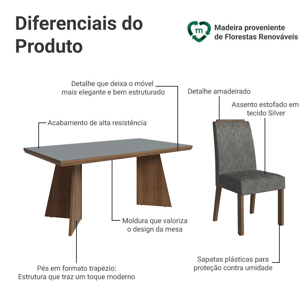Conjunto Sala de Jantar Tampo de Madeira 4 Cadeiras Rustic/Cinza/Silver Arles Madesa