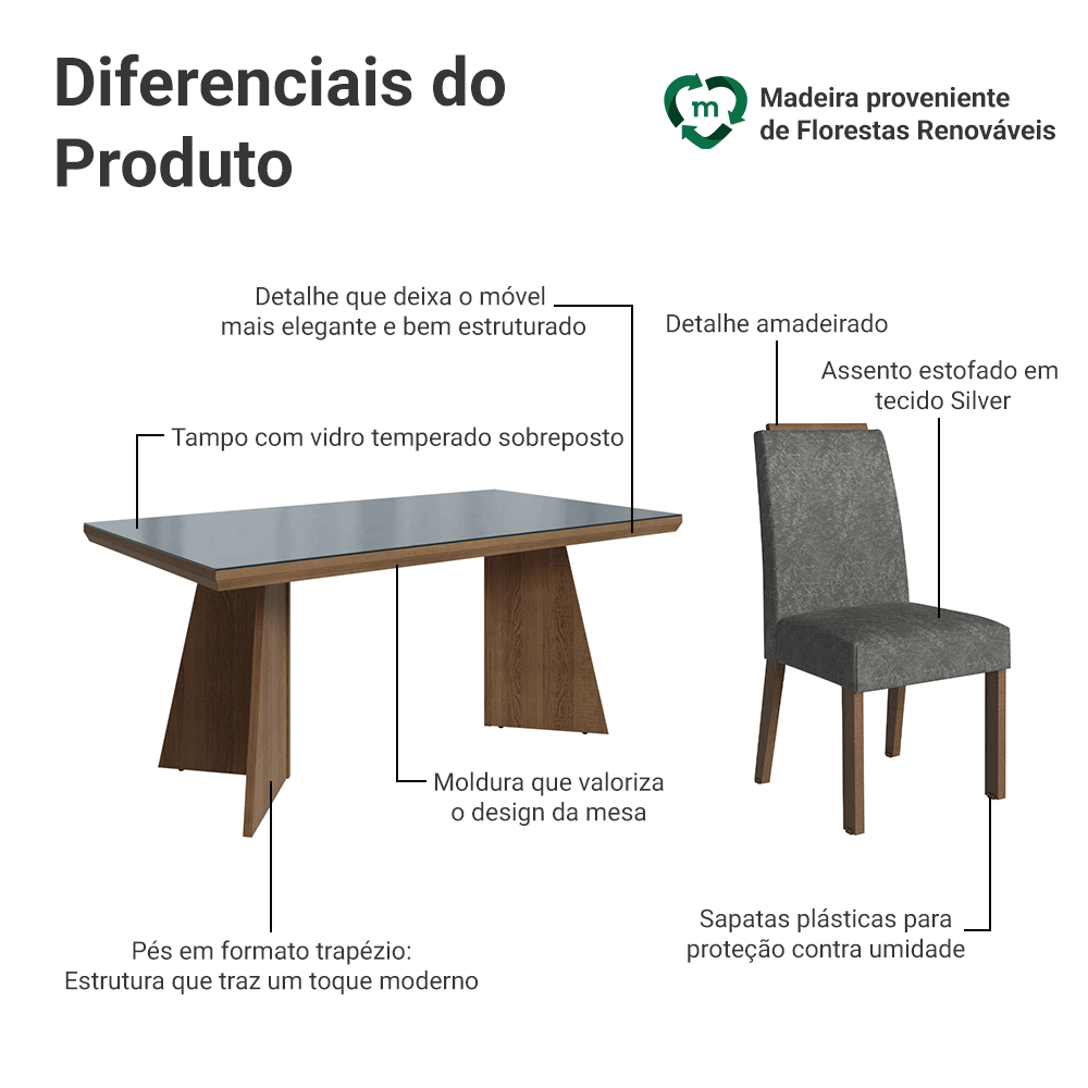 Conjunto Sala de Jantar Tampo com Vidro 4 Cadeiras Rustic/Cinza/Silver Todi Madesa