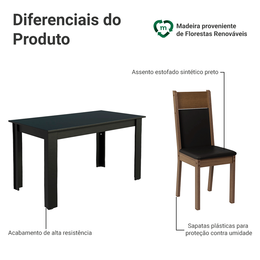 Conjunto Sala de Jantar Mesa Tampo de Madeira com 6 Cadeiras Preto/Rustic/Sintético Preto Madesa Medelin