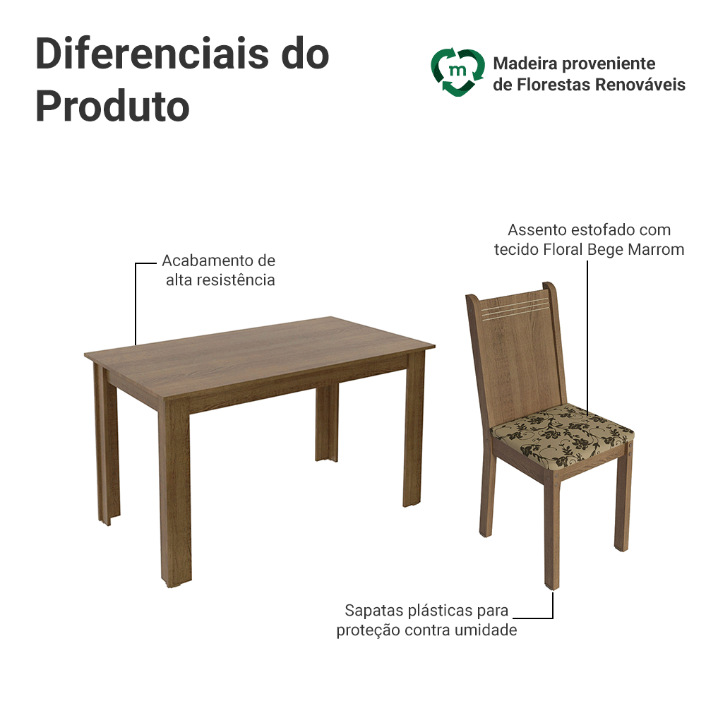 Conjunto Sala de Jantar Mesa Tampo de Madeira com 6 Cadeiras Rustic/Bege Marrom Madesa Analu