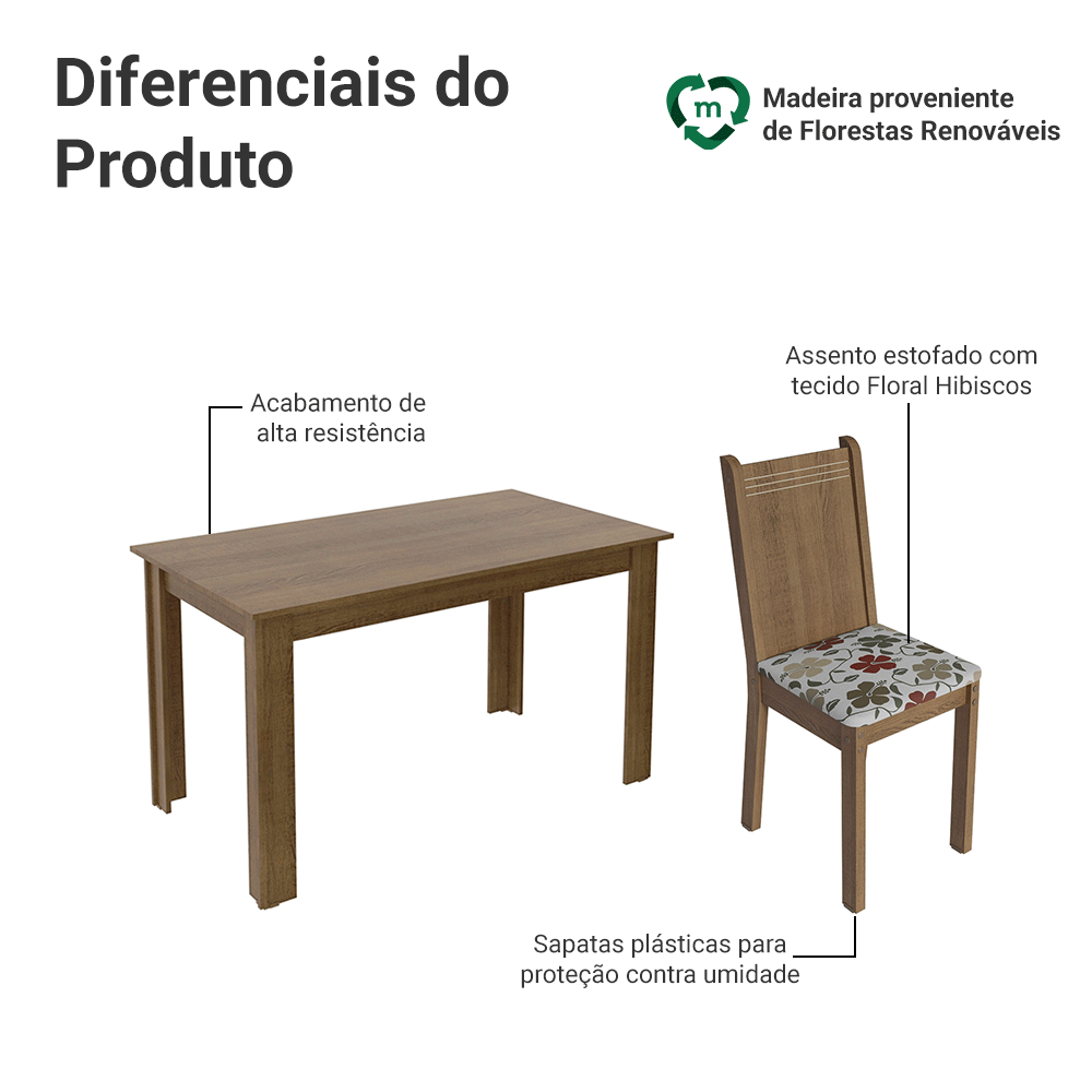 Conjunto Sala de Jantar Madesa Analu Mesa Tampo de Madeira com 6 Cadeiras Rustic/Floral Hibiscos