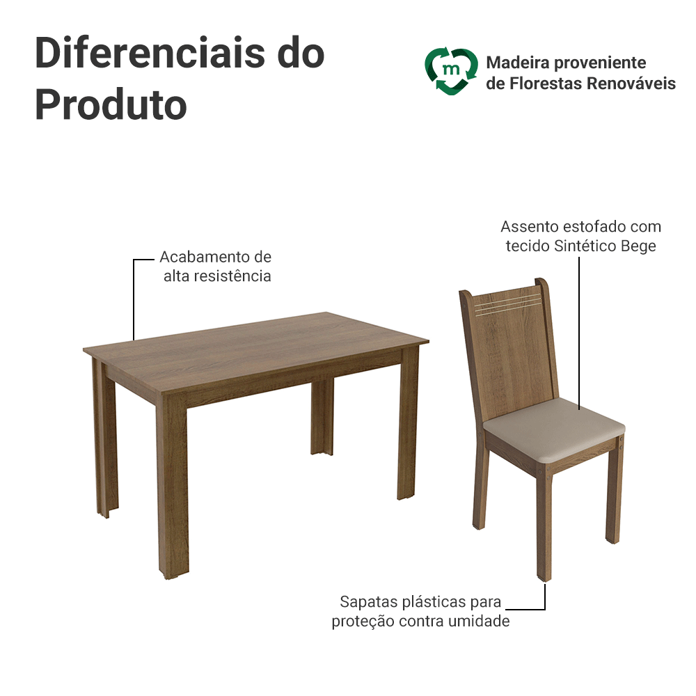 Conjunto Sala de Jantar Madesa Analu Mesa Tampo de Madeira com 6 Cadeiras Rustic/Sintético Bege