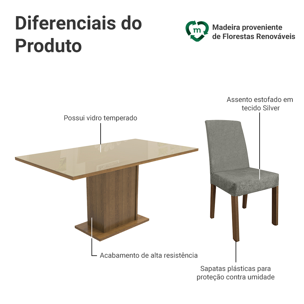 Conjunto Sala de Jantar Mesa Tampo de Vidro 6 Cadeiras Rustic/Crema/Silver Alexis Madesa