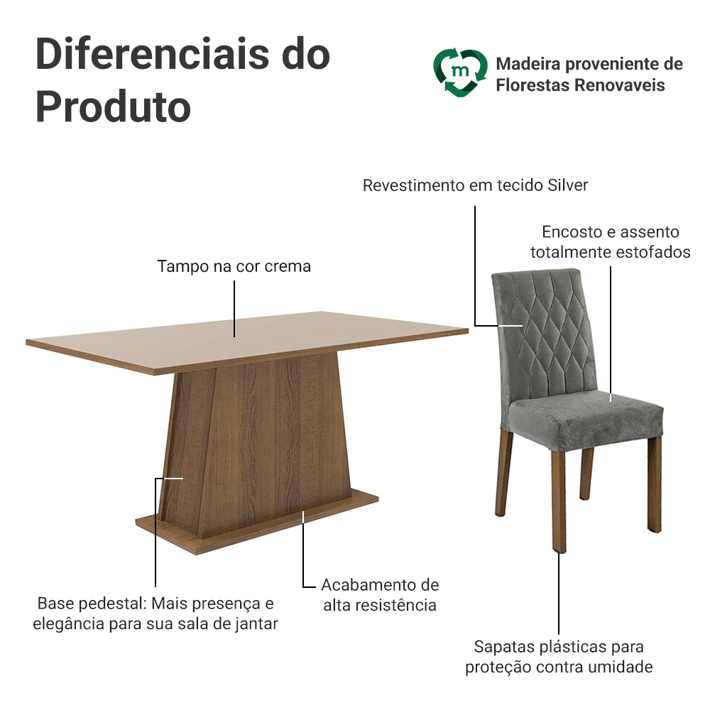 Conjunto Sala de Jantar Mesa Tampo de Madeira 6 Cadeiras Rustic/Crema/Silver Britney Madesa