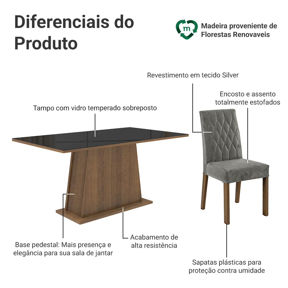 Conjunto Sala de Jantar Mesa Tampo de Madeira 6 Cadeiras Rustic/Preto/Silver Britney Madesa
