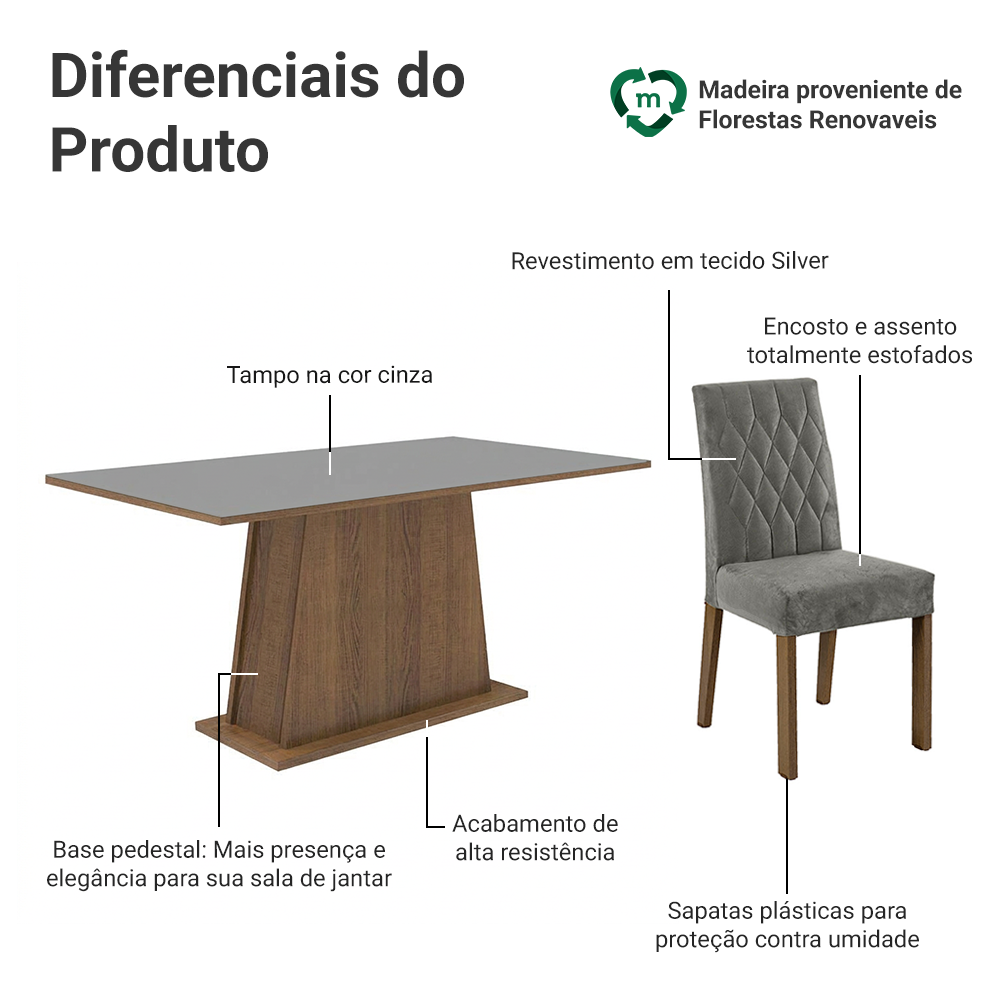 Conjunto Sala de Jantar Mesa Tampo de Madeira 6 Cadeiras Rustic/Cinza/Silver Britney Madesa