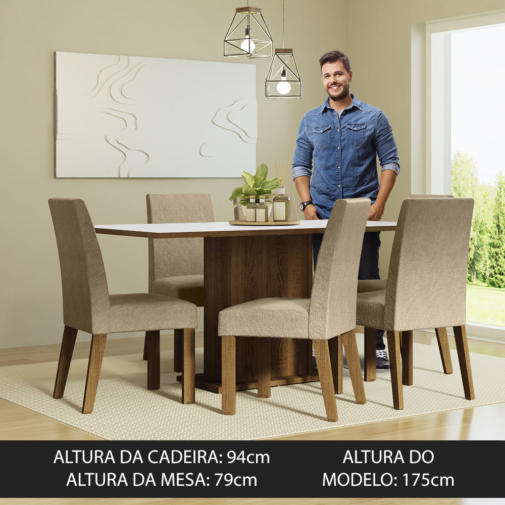 Conjunto Sala de Jantar Mesa Tampo de Madeira 6 Cadeiras Rustic/Branco/Imperial Renata Madesa