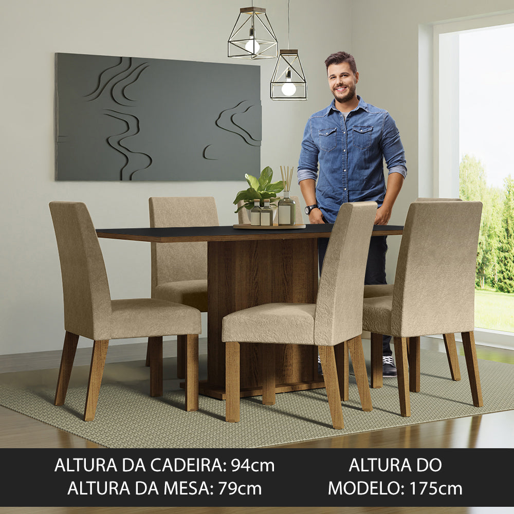Conjunto Sala de Jantar Mesa Tampo de Madeira 6 Cadeiras Rustic/Preto/Imperial Renata Madesa