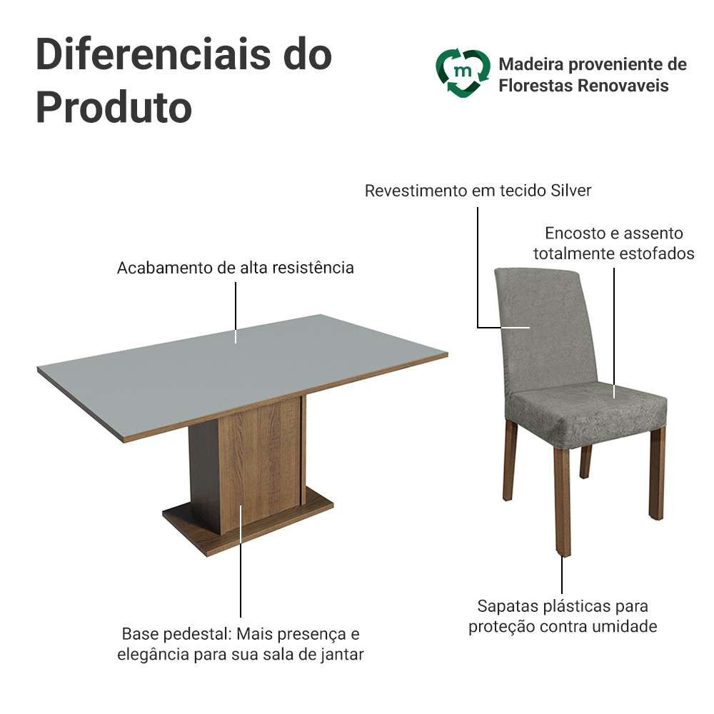Conjunto Sala de Jantar Mesa Tampo de Madeira 6 Cadeiras Rustic/Cinza/Silver Renata Madesa