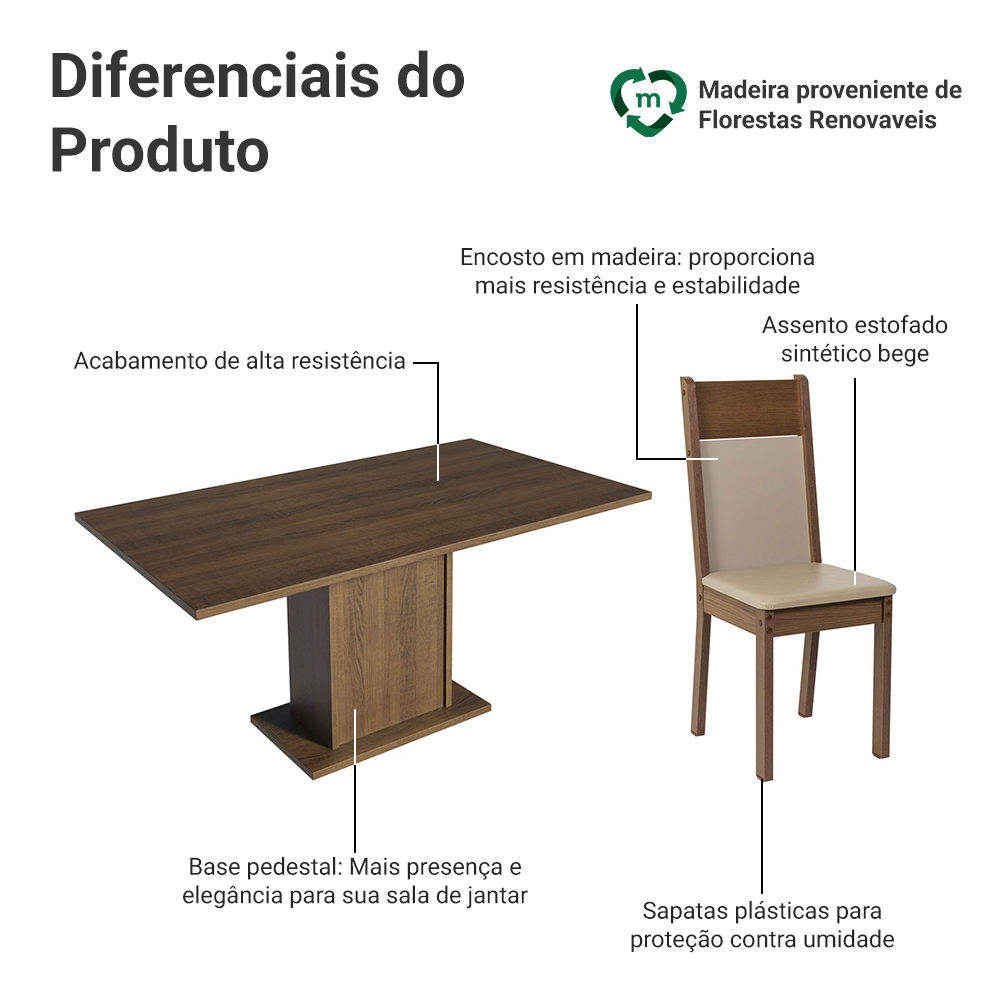 Conjunto Sala de Jantar Mesa Tampo de Madeira 6 Cadeiras Rustic/Crema/Bege Augusta Madesa