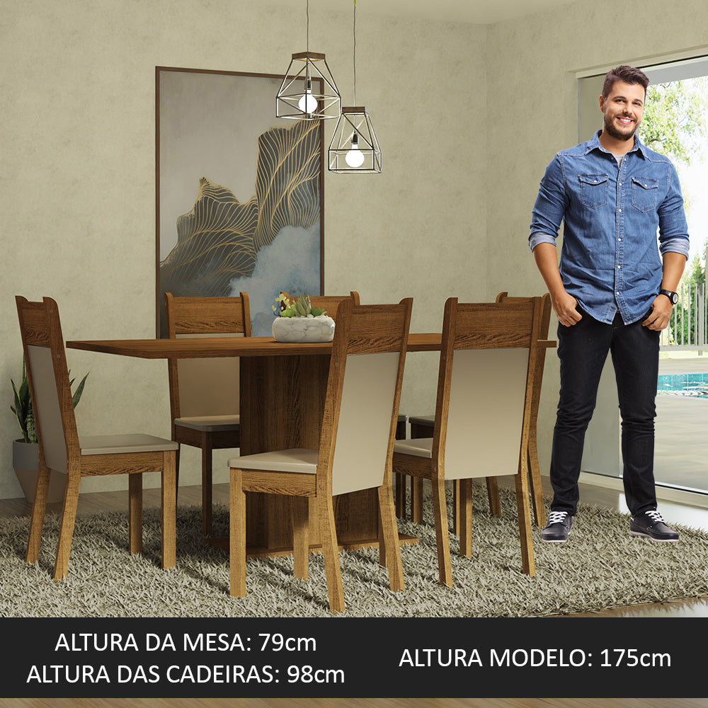 Conjunto Sala de Jantar Mesa Tampo de Madeira 6 Cadeiras Rustic/Crema/Bege Augusta Madesa