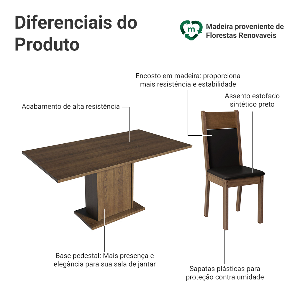 Conjunto Sala de Jantar Mesa Tampo de Madeira 6 Cadeiras Rustic/Preto Augusta Madesa