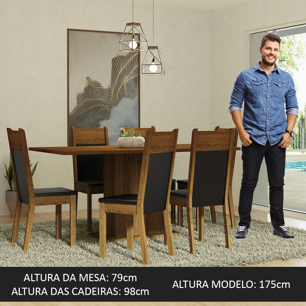 Conjunto Sala de Jantar Mesa Tampo de Madeira 6 Cadeiras Rustic/Preto Augusta Madesa