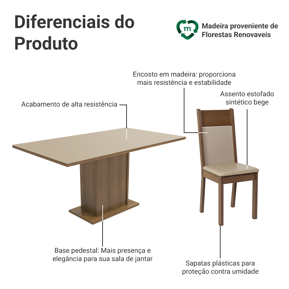 Conjunto Sala de Jantar Mesa Tampo de Madeira 6 Cadeiras Crema/Rustic/Bege Augusta Madesa