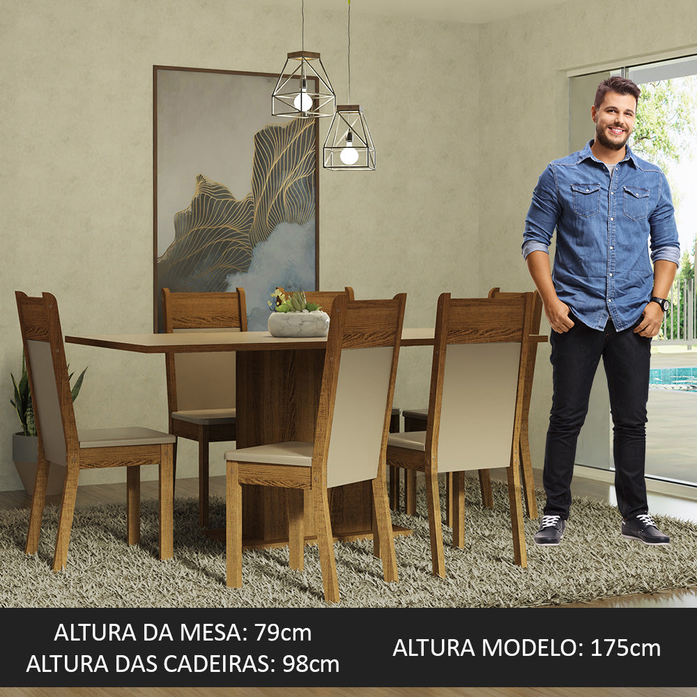 Conjunto Sala de Jantar Mesa Tampo de Madeira 6 Cadeiras Crema/Rustic/Bege Augusta Madesa