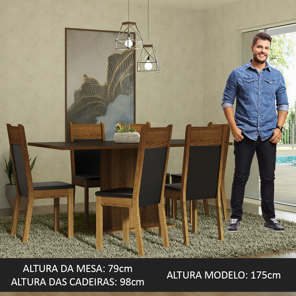 Conjunto Sala de Jantar Mesa Tampo de Madeira 6 Cadeiras Preto/Rustic Augusta Madesa