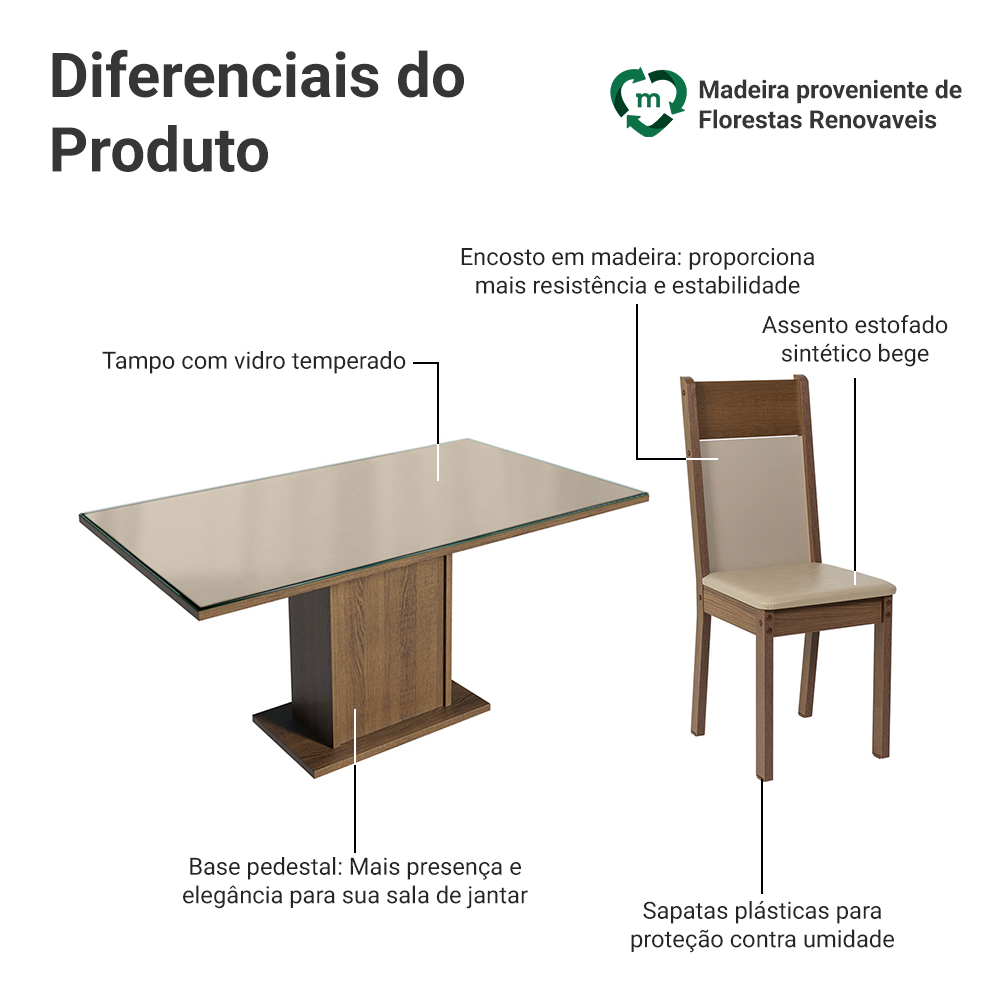 Conjunto Sala de Jantar Mesa Tampo de Vidro 6 Cadeiras Crema/Rustic/Bege Francine Madesa