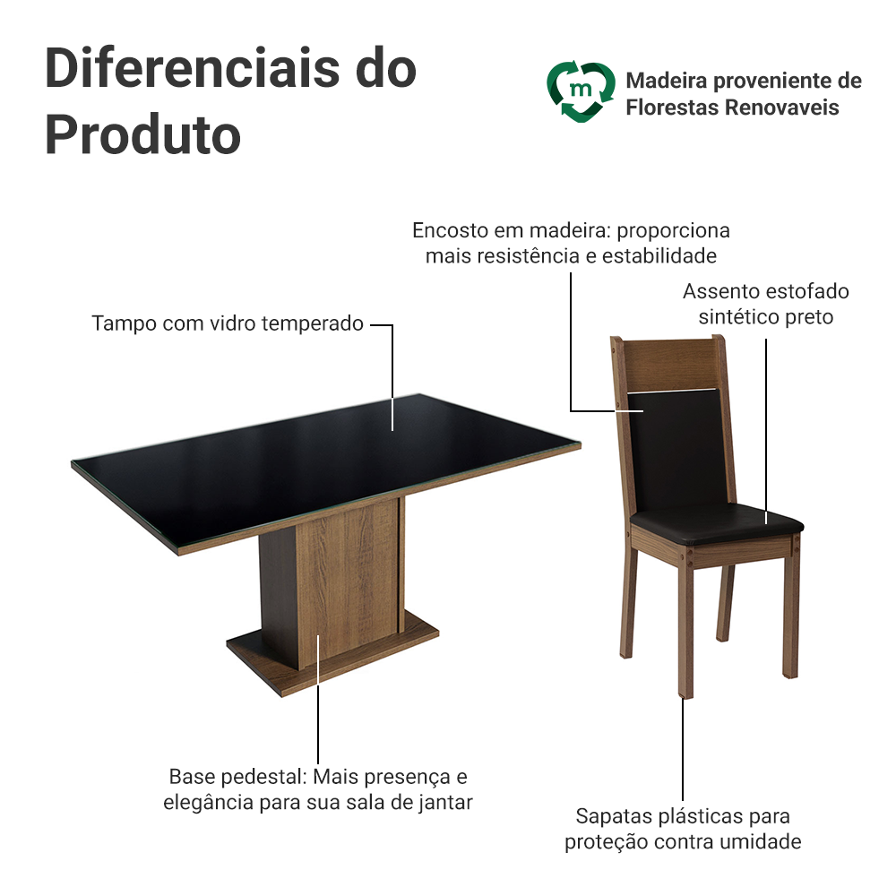 Conjunto Sala de Jantar Mesa Tampo de Vidro 6 Cadeiras Preto/Rustic Francine Madesa