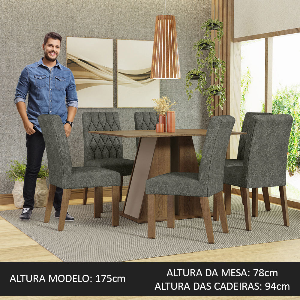 Conjunto Sala de Jantar Mesa Tampo de Madeira 6 Cadeiras Rustic/Crema/Silver Fabiana Madesa