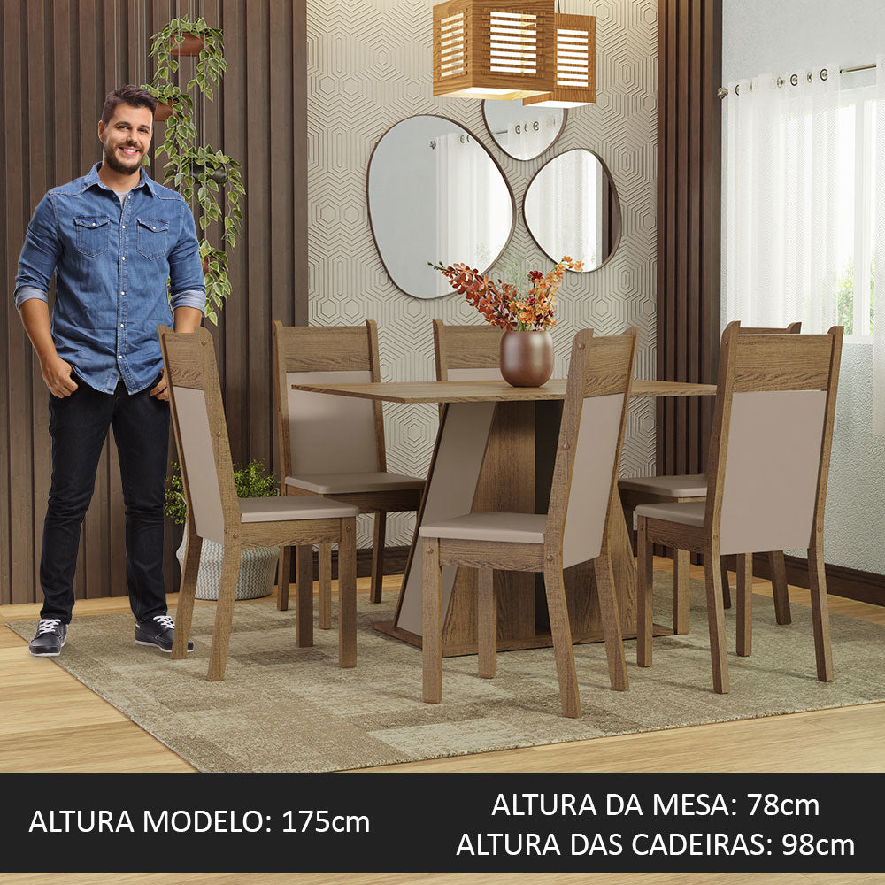 Conjunto Sala de Jantar Mesa Tampo de Madeira 6 Cadeiras Rustic/Crema/Bege Beverly Madesa