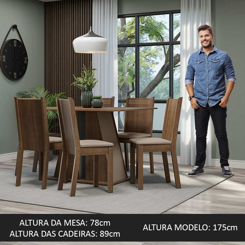 Conjunto Sala de Jantar Mesa Tampo de Madeira 6 Cadeiras Rustic/Crema/Bege Sharon Madesa