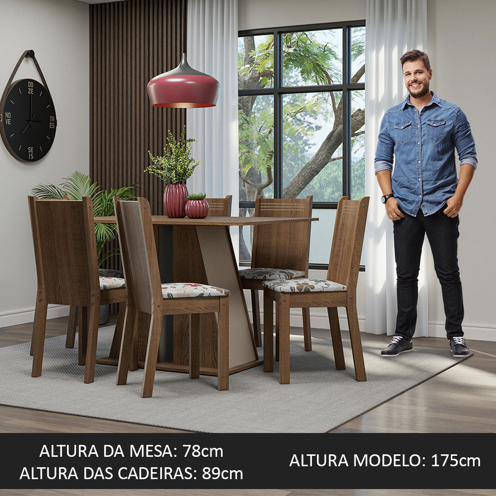 Conjunto Sala de Jantar Mesa Tampo de Madeira 6 Cadeiras Rustic/Crema/Hibiscos Sharon Madesa
