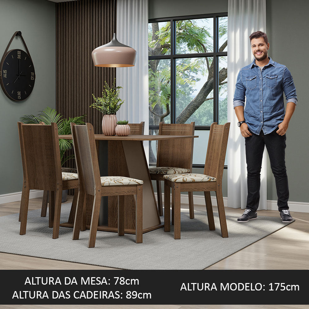 Conjunto Sala de Jantar Mesa Tampo de Madeira 6 Cadeiras Rustic/Crema/Lírio Bege Sharon Madesa